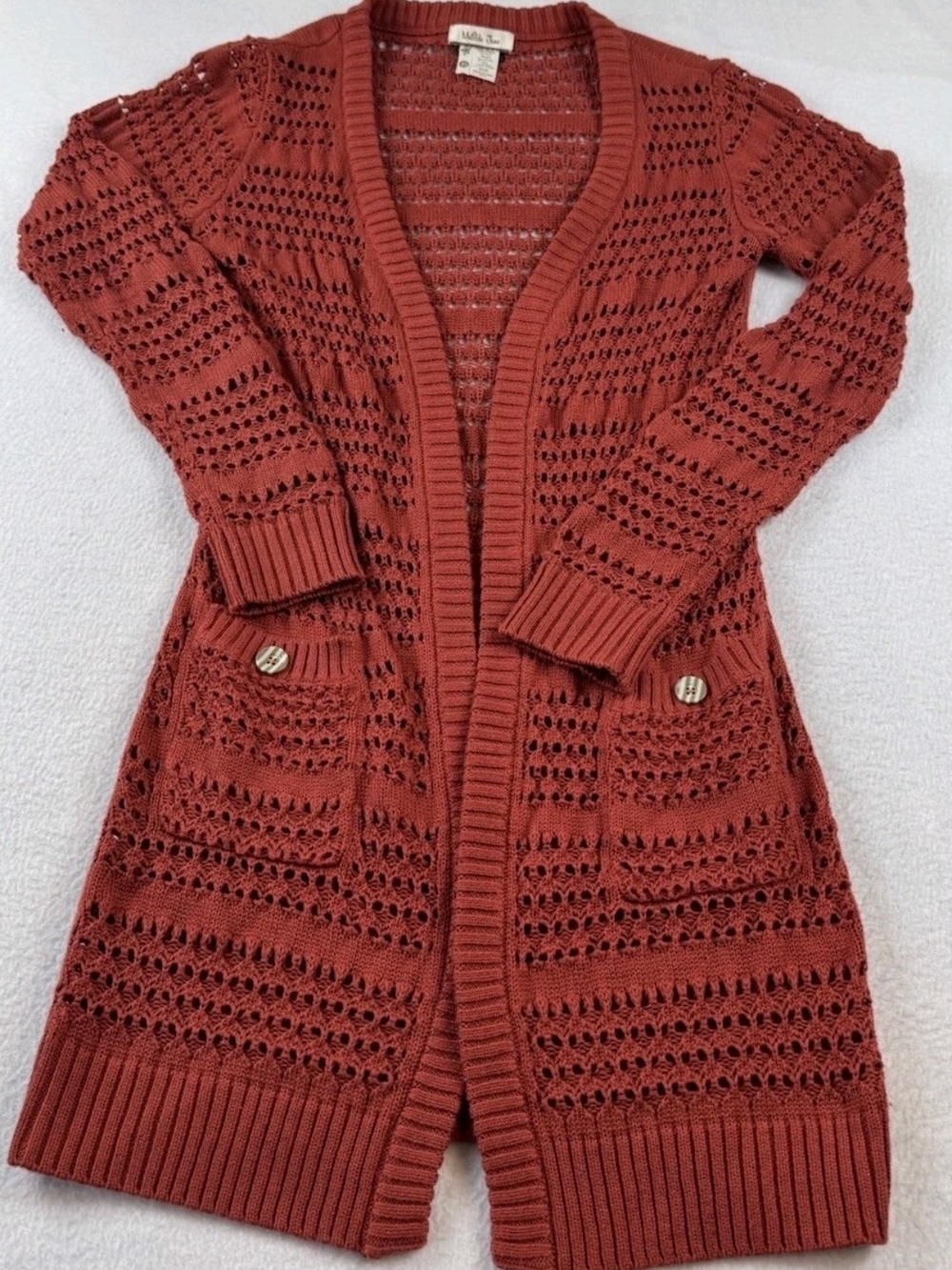 Matilda Jane Secret Fields Henna Crochet Cardigan Duster Rust Orange Medium NWOT